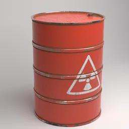 "Low poly industrial radioactive oil barrel 3D model created in Blender. Features warning sign, height map texture, and rust details. Great for gaming and animation projects in the container-industrial category."