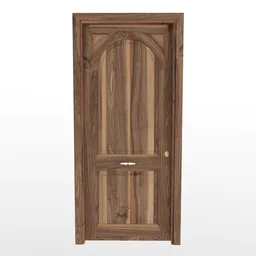 Detailed 3D walnut wood door model with arch top and panel design for Blender rendering.