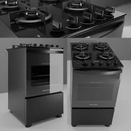 "Metal Brastemp BF04NBB stove with black top, designed in 3D render by Blender 3D. This kitchen appliance features an oven and is inspired by future designs. Perfect for architectural and game renderings."