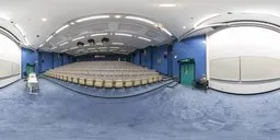 4K HDR image of an expansive, empty lecture theater with blue walls and rows of seating for lighting scenes.