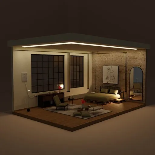 Cozy industrial-style 3D bedroom interior with exposed brick, metal windows, wooden furniture, ambient lighting, and minimalist decor.