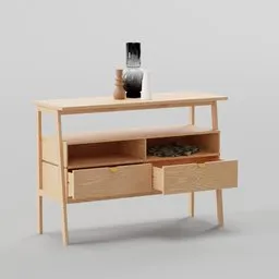 "Console w/ 2 Drawers POLA by Tikamoon, a highly detailed and elegant bedroom furniture model for Blender 3D. Inspired by post-war style and the works of Johan Lundbye and Yuko Tatsushima, this wooden table features a drawer and a phone. Perfect for adding a touch of sophistication to your virtual interior designs. Rendered in high resolution (8k) for optimal visual appeal."