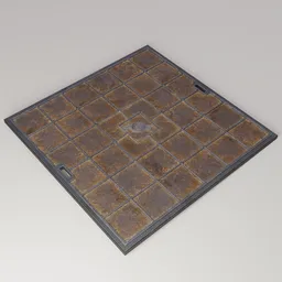 "Manhole Cover 03 - Square tile floor with a rusted metal lid and a square hole in the middle, suitable for cityscape scenes in Blender 3D. Detailed Unreal Engine 5 render of a post-apocalyptic setting, featuring walkways and a clear bronze face. Perfect for creating urban environments and adding realistic textures to your 3D projects."
