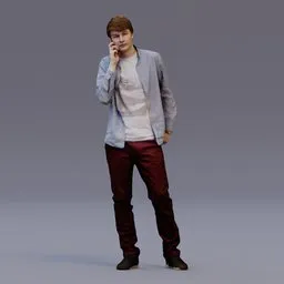 Realistic 3D young male model in casual attire, posed with hand on face, compatible with Blender.