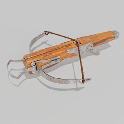 "Medieval crossbow 3D model for Blender 3D - historic military weapon with wooden and iron design, perfect for castle battles. A museum-grade piece with an automated defense platform, available as a videogame asset. 1800s inspired with accurate aiming capabilities."