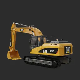 Detailed 3D model of a yellow Excavator Caterpillar 323D with movable parts for Blender.
