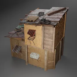 "Blender 3D model of a makeshift slum house with wooden planks, corrugated iron, and scrap metal in a stadium category. PBR textures and detailed clay model with soft top roof raised. Evokes the atmosphere of scarcity and thievery equipment from "The Last of Us" game."