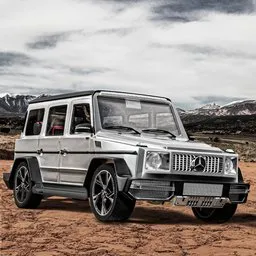 "Get ready for your projects with the 3D Mercedes-Benz G class SUV model, complete with rigging and easily operable doors and lights. Featuring a grey metal body and racks, this hyper-maximalist race car is perfect for commercial shots, set against a scenic desert background with mountains in early 2020s style. Download now on BlenderKit."