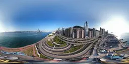 Panoramic HDR image featuring Harbor Viaduct with urban skyline and clear blue sky, ideal for scene lighting.