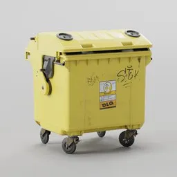 Yellow Blender 3D model of a weathered plastic container with wheels.