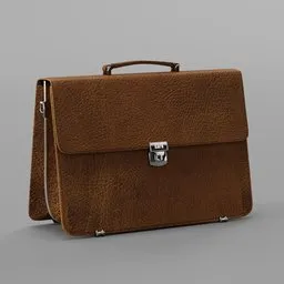 Detailed 3D model of textured brown leather briefcase with silver hardware accents for Blender design.