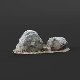 "Three Stones" 3D model for Blender 3D: realistic monochrome rocks with clean borders in a shrubbery environment. Created with hard brush technique, 50 steps, and volumetric lighting. Photoscan from Zabovresky.