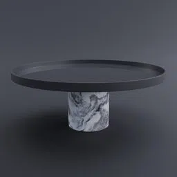 Elegant round coffee table with marble base and sleek black top, detailed Blender 3D model by Piero Lissoni.