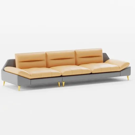 Realistic leather sofa 3D model with tan cushions and modern design on a neutral backdrop, compatible with Blender.