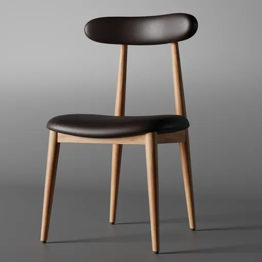 Detailed 3D rendering of a modern-style chair with sleek wooden legs and black seat designed for Blender graphics.