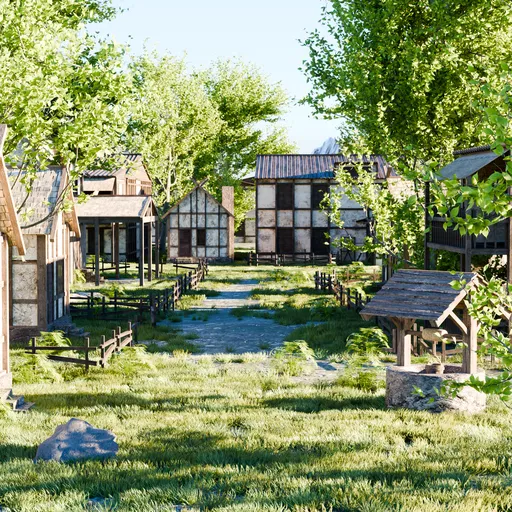Sunlit Village in Forest Nature
