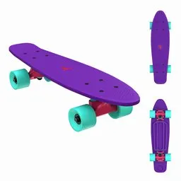 High-quality 3D rendered purple and teal Traxart skateboard model with detailed textures, suitable for close-up 4K renders, made in Blender.