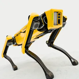 Detailed Blender 3D model of a yellow and black four-legged robotic dog with dynamic pose for AI applications.