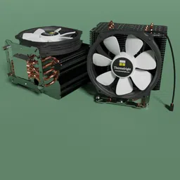 Detailed 3D render of a high-quality CPU cooler with animated fan blades, compatible with Intel and AMD.