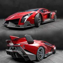 "Red Lamborghini Veneno 3D model with detailed interior and exterior, fully rigged with operable doors and brakes. Customizable colors and designs available. Created in Blender 3D by user 'graphic.xcx' in the 'luxury-supercar' category of BlenderKit."