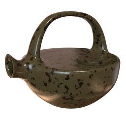 "3D model of a Ceramic Vintage Kettle with intricate water texture, created in Blender 3D. Procedural material, adorned with ornamental bow and umber color scheme. Perfect for 3D Container design projects."