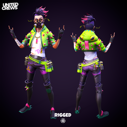 "Stylized Toxic Girl 3D model by Aria at Artpixellz, showcasing a full-body rigged character with vibrant colors and optimized design for Blender 3D."