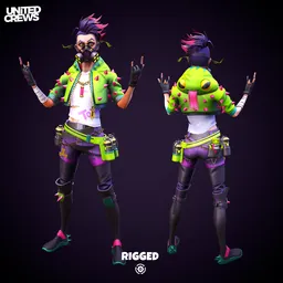 "Stylized Toxic Girl: A close-up of a punk-styled woman wearing a green jacket, showcasing two different poses. This full-body, low-poly 3D model is optimized and rigged for Blender 3D software, featuring a concept sheet with elements of toxic waste and ultraviolet aesthetics."