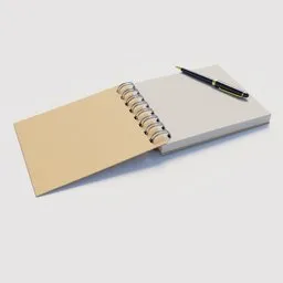 Realistic 3D model of a spiral notepad with a ballpoint pen, ideal for Blender renderings in office setups.