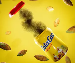 3D modeled Cola Cao bottle with dynamic particle effect on yellow background, Blender creation.