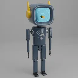 "Low poly Biped Humanoid Robot 3D model rendered with Cycles4D software. Inspired by John Brack, this metallic character features a realistic lance and yellow eyes. Perfect for Aetherpunk and robot enthusiasts."