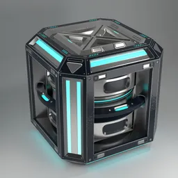 Detailed 3D model of a futuristic cyan crate with cylindrical elements, optimized for use in Blender and game environments.
