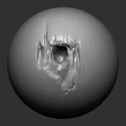 3D sculpting brush effect for Blender showing round hole with textured edges for wood damage simulation.