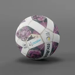 "Lowpoly 3D model of a football with purple and white design, scanned and reduced to 15K using Blender 3D software. Perfect for use in extreme sports projects and liverpool football club related designs."