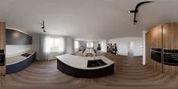 360-degree HDR panorama showing a modern kitchen with island, wooden floors, and natural lighting for scene rendering.
