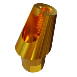 Gold-toned 3D printed dental abutment with angled interface for prosthodontics, compatible with Blender 3D rendering.