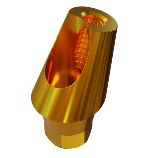 Gold-toned 3D printed dental abutment with angled interface for prosthodontics, compatible with Blender 3D rendering.