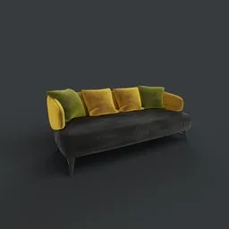 Realistic Aries sofa 3D model featuring black upholstery and vibrant yellow-green cushions, designed for Blender 3D rendering.