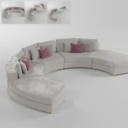 "Round sofa 3D model for Blender 3D: A curved couch with pillows and a footstool, customizable with varied elements. Inspired by Alexander Fedosav, featuring pinned joints and symmetrical, balanced composition."