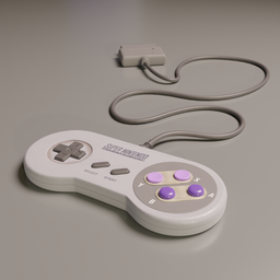 "SNES control 3D model for Blender 3D, with editable cable and realistic marks of use. Inspired by Pieter van Laer, rendered in Redshift and featuring the classic white finish. Top-down shot showcasing 3D animated details by Agustín Fernández of 3DEXCITE."