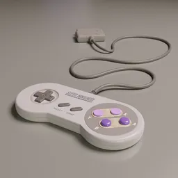 "SNES control 3D model for Blender 3D, with editable cable and realistic marks of use. Inspired by Pieter van Laer, rendered in Redshift and featuring the classic white finish. Top-down shot showcasing 3D animated details by Agustín Fernández of 3DEXCITE."