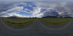 Dynamic range scenery with clouds over rural fields for realistic lighting in 3D rendering.