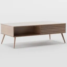 Scandinavian-style 3D walnut coffee table model with angled legs and slatted storage from Sweeek's MADERE collection.