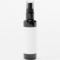"Minimalist black and white spray bottle 3D model, perfect for utility purposes. Blank label for easy personalization. Production ready and compatible with Blender 3D software."
