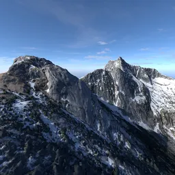 Highly detailed 3D mountain range model featuring snowy peaks for Blender rendering.