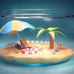 "Stylized Blender 3D model of a Terrarium, featuring a beach scene inside an aquarium with clear epoxy embedded cage and Honey jar. Perfect for adding a pop of cuteness to your 3D designs. Available in C4D format with well-rendered textures and emissive lighting."