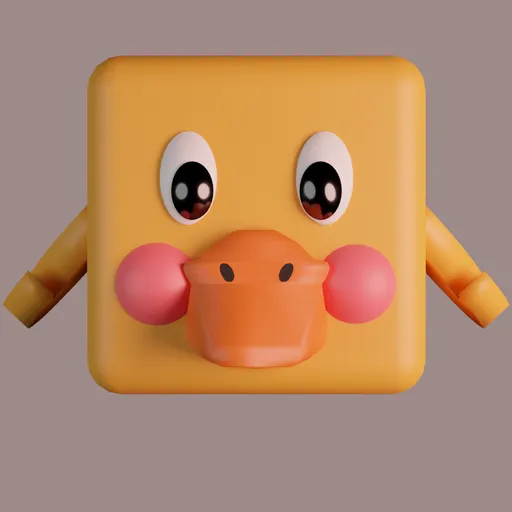 Stylized low poly 3D model of a yellow cube-shaped duck with expressive eyes, ideal for mobile and Blender projects.