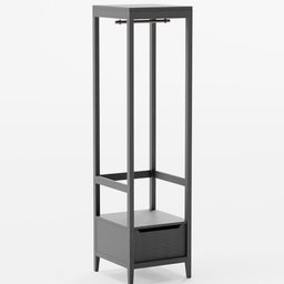 "Black and white, futuristic open wardrobe model inspired by Diego Giacometti, made in Blender 3D. Created based on Ikea Latvia store information and instructions. Features a drawer and steel gray body with an umbrella top."