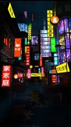 Detailed neon-lit 3D urban alley scene with atmospheric mist, reminiscent of Neo Tokyo.