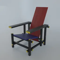 "Red and Blue Armchair, a furniture piece inspired by the style of Theo van Doesburg and designed by Gerrit Rietveld in 1916, available as a 3D model in Blender 3D software. The chair features a red and blue color scheme and wooden platforms, with a black overall aesthetic."