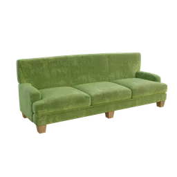 Detailed 3D velvet sofa model with cushions and wooden legs for Blender rendering, isolated on a transparent background.